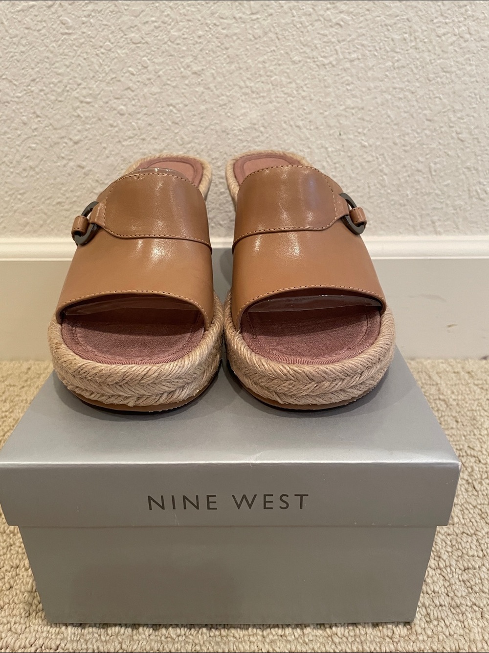 Nine West Tan Leather Espadrille Slide Mules